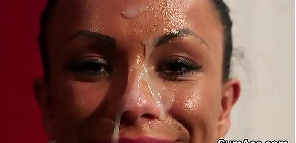  Feisty sex kitten gets cumshot on her face sucking all the jizm